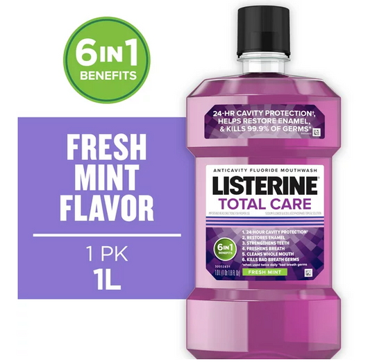 Listerine Total Care Anticavity Fluoride Mouthwash/Mouth Rinse, Fresh Mint, 1 L